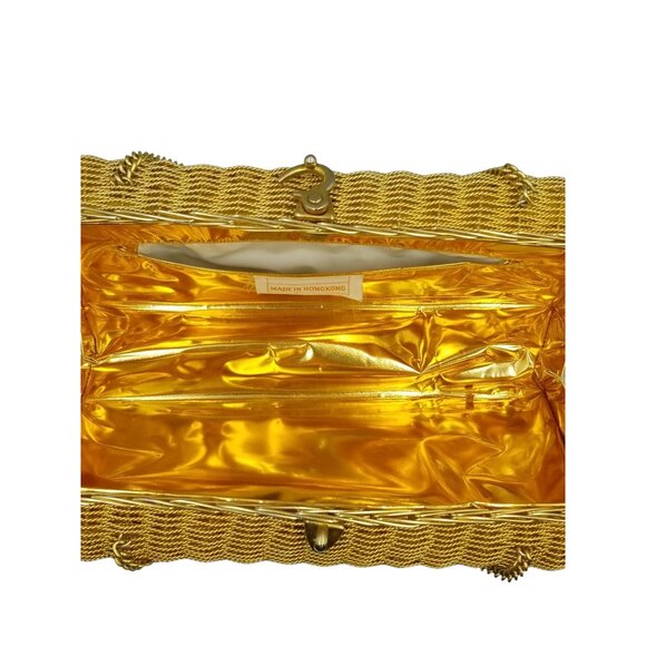 Vintage Gold Metallic Metal Woven Evening Box Purse With Top Clasp & Chain Strap - Picture 7 of 13